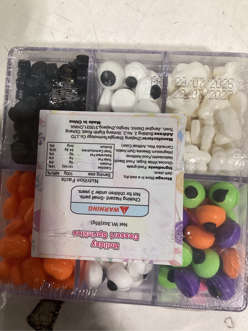 Condition photo showing New/Like New for Halloween Sprinkles Set 5 Compartment - Black Bats, Orange Pumpkins, White Ghosts, Candy Eyes Mix - Cake Decorating Supplies for Cookies, Cupcakes, Ice Cream, Baking 3oz (85g)