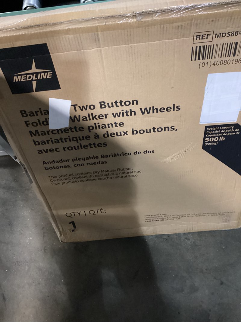 Condition photo showing New/Like New for medline heavy-duty bariatric folding walker with 5” wheels and durable handles, 500 lb. weight capacity durable pvc plastic