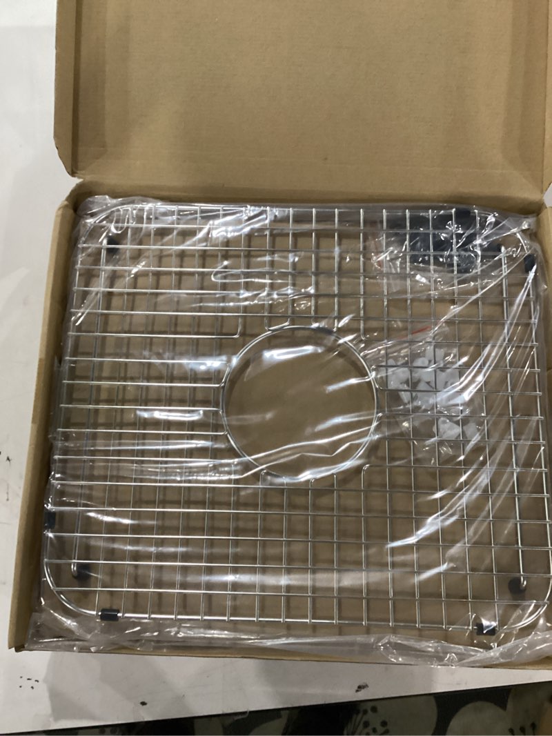 Condition photo showing New/Like New for 14 in. x 16 in. centre drain kitchen bottom grid with supersoft silicone feet in 304 grade stainless steel