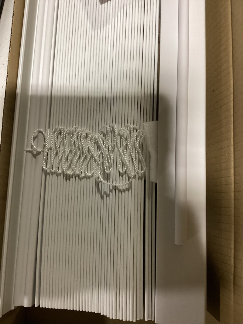 Condition photo showing As Is for allen + roth trim at home 2-in slat width 27-in x 72-in cordless white faux wood room darkening horizontal blinds