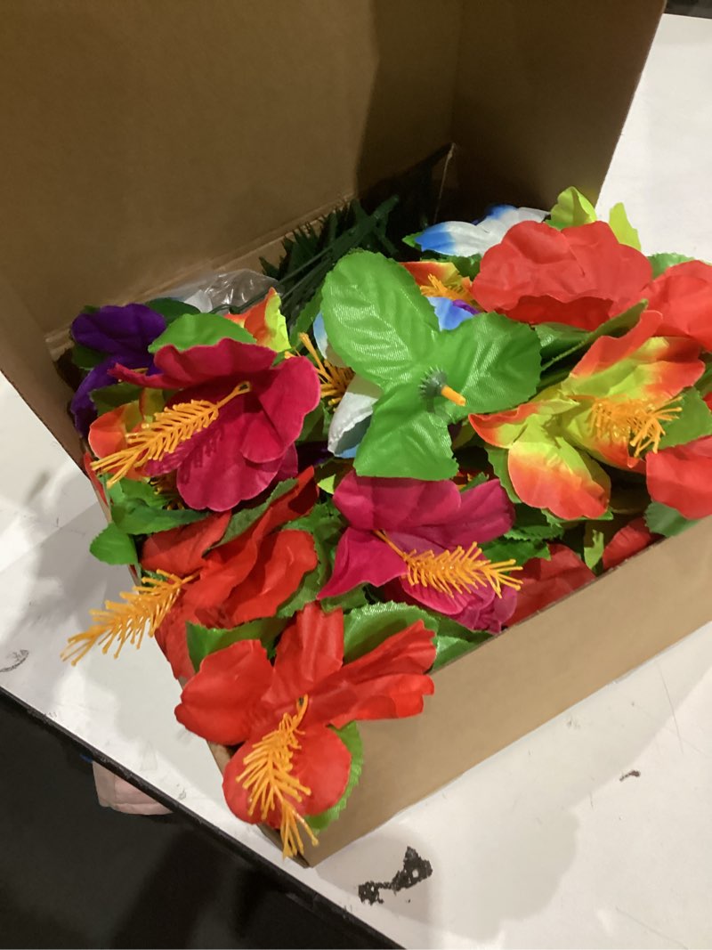 Condition photo showing Good Condition for Hotop 72 Pcs Light up Hawaiian Flower Centerpieces for Tables Hibiscus Bouquet Palm Leaves and Light Up Centerpieces for Tables
