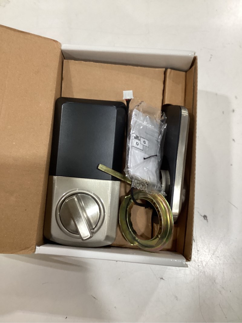 Condition photo showing As Is for kwikset powerbolt 250 10-button keypad satin nickel transitional electronic deadbolt door lock, featuring convenient keyless entry, customizable user codes, and auto-locking
