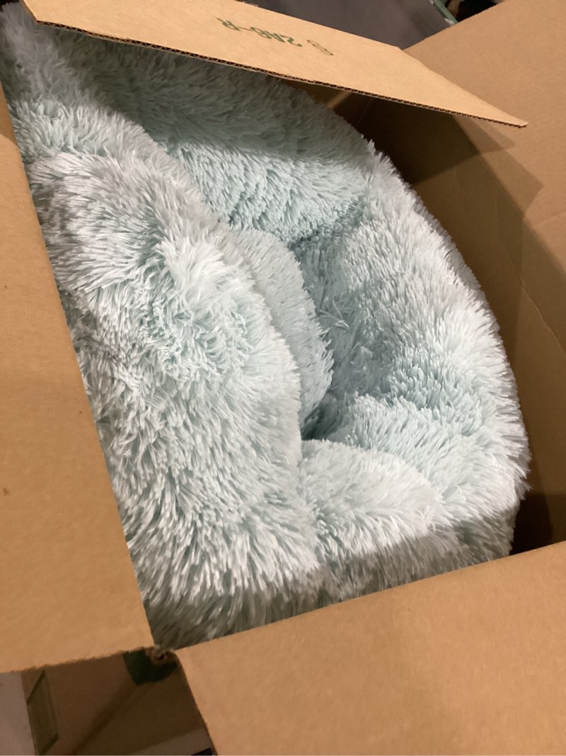 Condition photo showing Good Condition for Bedsure Calming Dog Bed for Small Dogs - Donut Washable Small Pet Bed, 23 inches Anti-Slip Round Fluffy Plush Faux Fur Large Cat Bed, Fits up to 25 lbs Pets, Aqua Blue 23"L x 23"W x 8"Th Aqua Blue