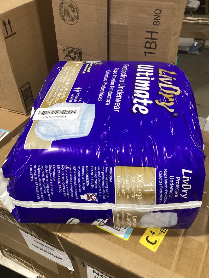 Condition photo showing New/Like New for livdry ultimate 2xl adult incontinence underwear, max absorbant diapers for women and men, xxl 60” -80" waist, leak proof cuff, xx-large, 11-pack xx-large (11 count)