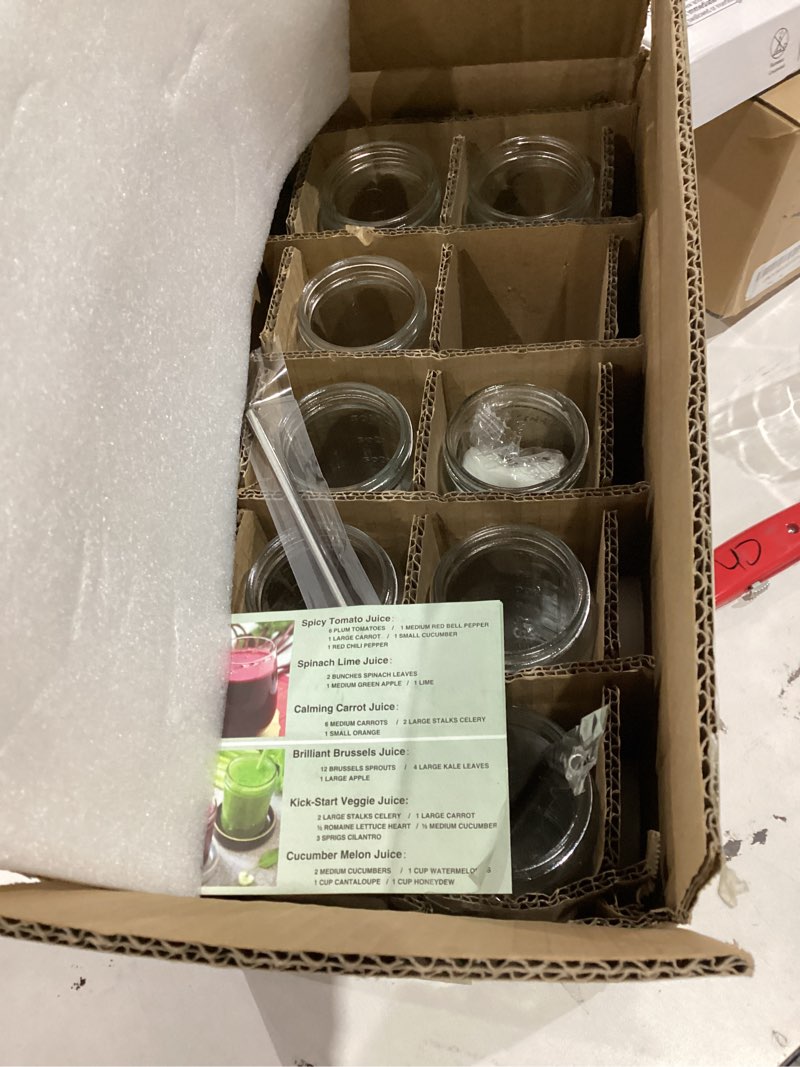 Condition photo showing As Is for MISSING ONE Ruckae 16oz 10 Pack Juice Bottles, Glass Bottles with Lids, Smoothie Cup Lids and Straws, Water Bottle Mason Jar Drinking Glasses for Juicing, Smoothies, Kombucha 16oz-10pack Transparent