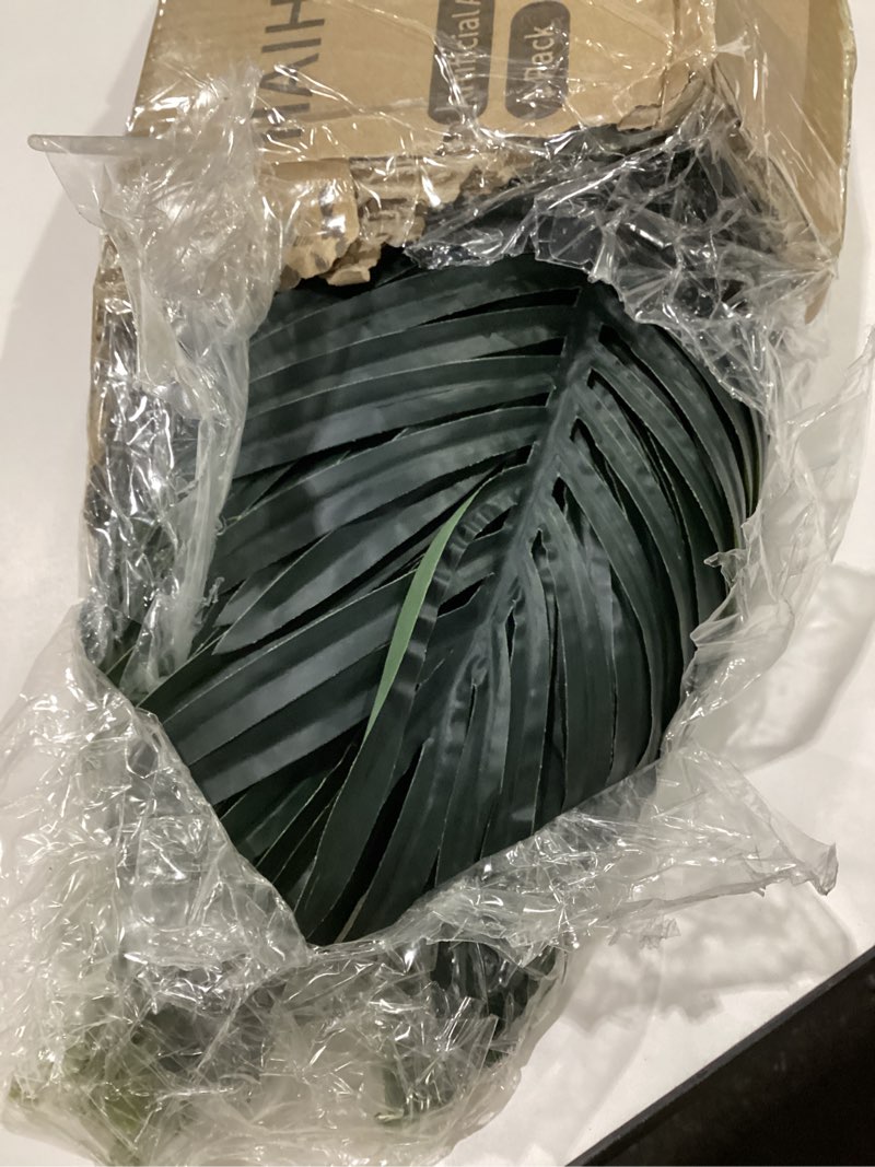 Condition photo showing As Is for Artificial Golden Cane Palm Tree 7Feet Faux Plant for Home Decor Indoor Outdoor Faux Areca Palm Tree in Pot for Home Office Perfect Housewarming Gift with Adjustable Trunk 3ft 1in Palm Tree