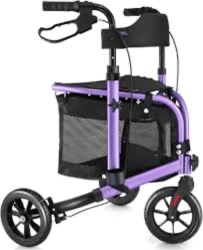 WALK MATE 3 Wheel Rollator Walker with Seat for Slim Seniors, Padded Backrest Lightweight Foldable Walker Ideal for Elderly, 8 Inch Tri-Wheel Modern Mobility Walking Aid Aluminum, Black&purple