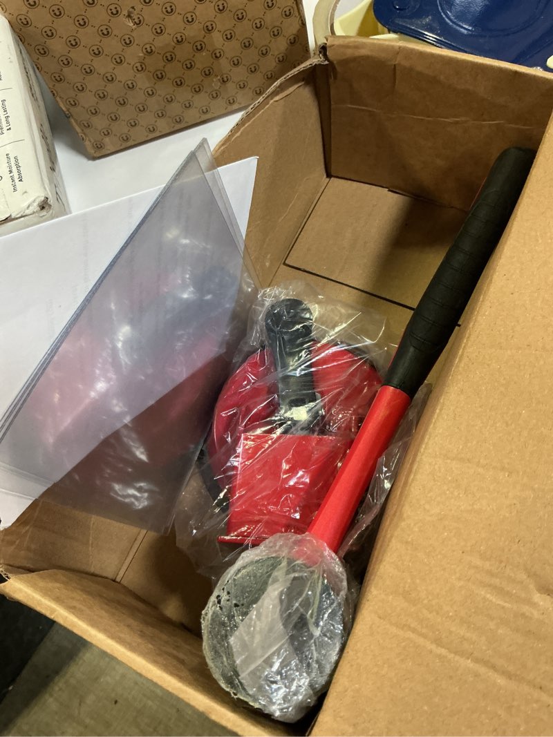 Condition photo showing Good Condition for floor gap fixer tool with rubber mallet, iron body & strong suction cup, includes 5 sticky pads for laminate, vinyl, wood & tile flooring installation and repair red