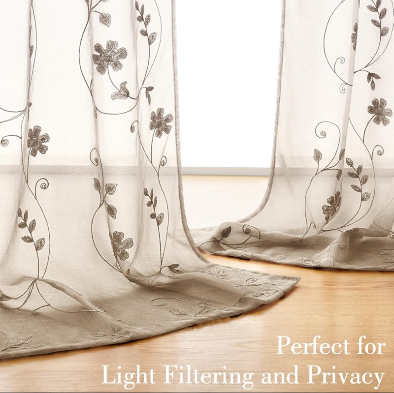 homeideas taupe sheer curtains 96 inches long 2 panels beige embroidered floral pattern semi sheer window curtains for bedroom living room 52\"w x 96\"l (pack of 2) taupe/beige