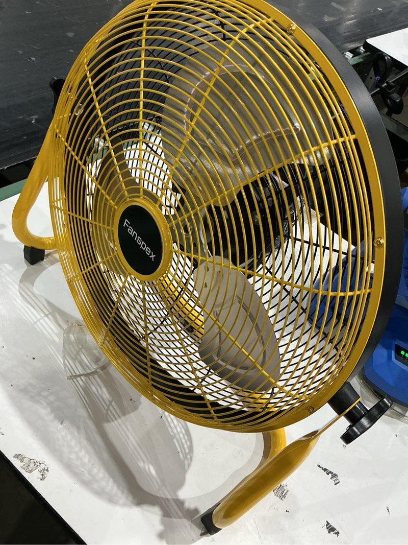Condition photo showing As Is for incomplete but bring your charger fanspex 18\" solar rechargeable floor fan for outdoor gazebo greenhouse barn | 83 wh battery operated fan, 360° tilt with 35w solar panel powered for patio camping cooling or air circulation