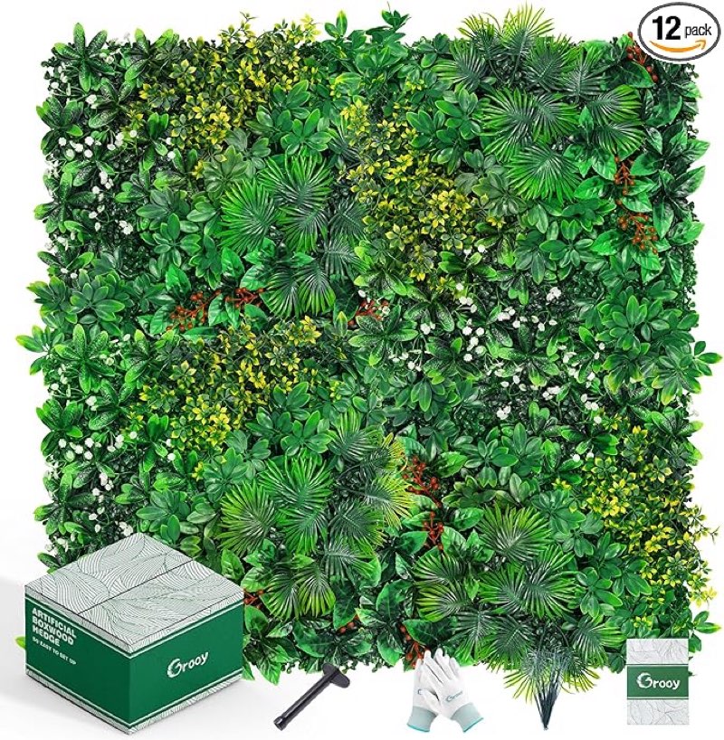 grooy grass wall, artificial tropical boxwood panels 20"x20"(12pcs), privacy hedge fence screen with uv protection, greenery backdrop for indoor home wedding decor and outdoor patio backyard