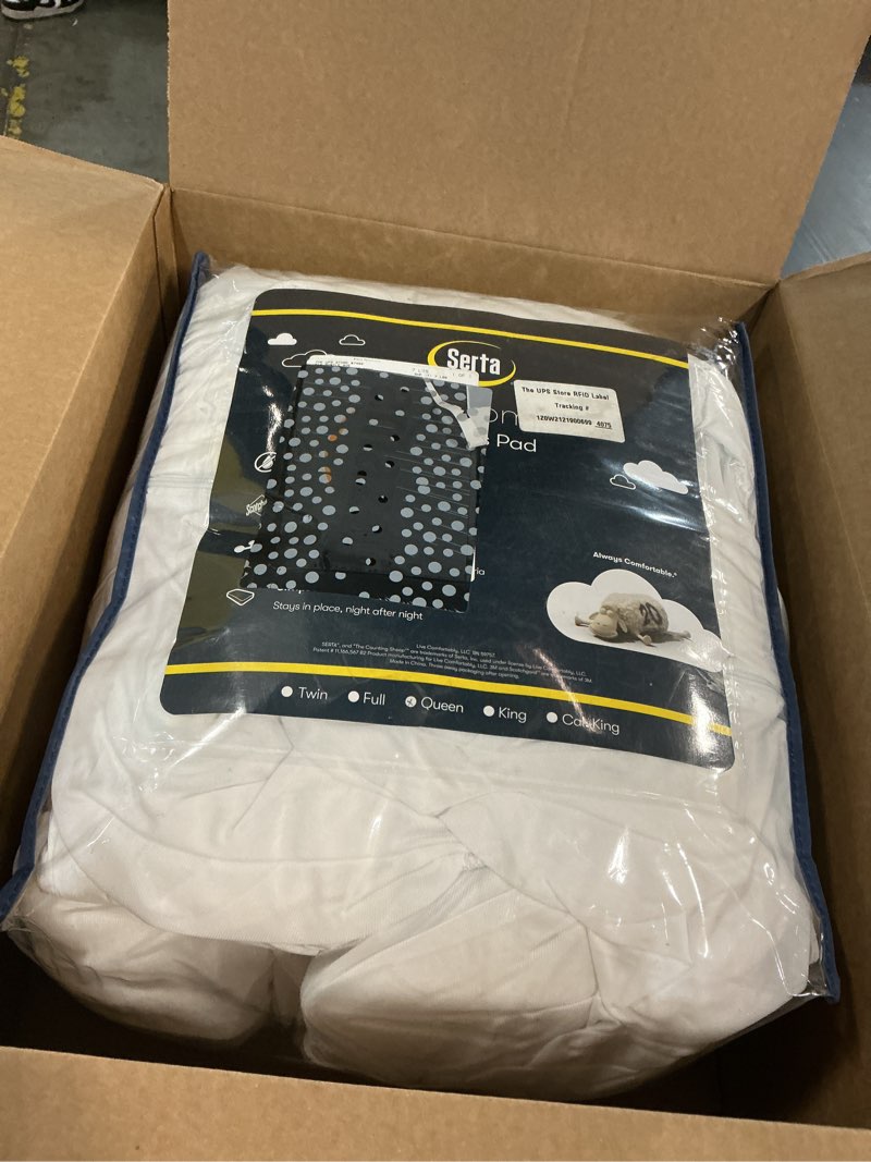 Condition photo showing As Is for serta air dry extra comfort plus 100% cotton fabric quilted mattress pad, cooling and breathable mattress cover, moisture wicking protection with 18" deep pocket, queen, white extra comfort plus queen