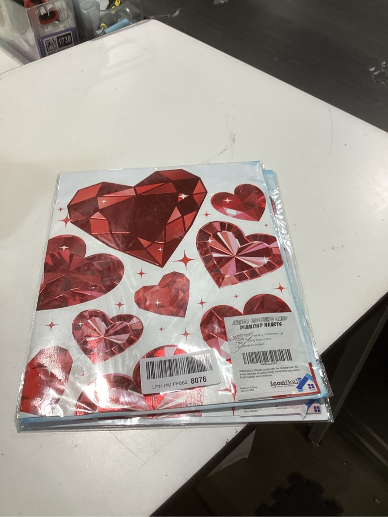 Condition photo showing New/Like New for 2 iconikal jumbo valentine's day greeting card with envelope, diamond hearts, oversized 11x14 inch