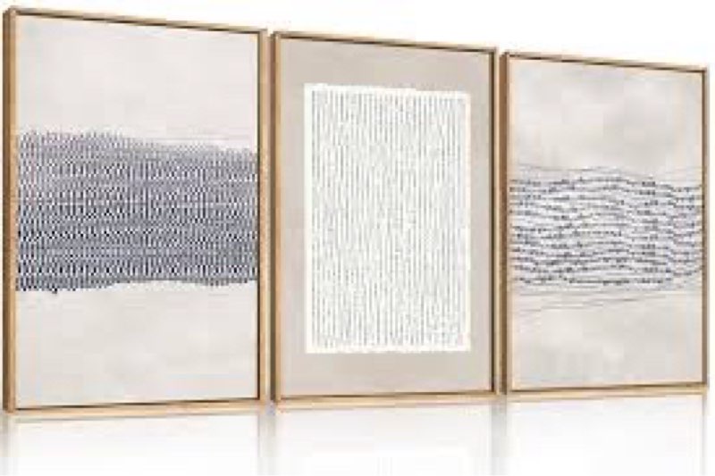 houria blue white abstract neutral framed canvas wall art set,minimalist boho waves lines wall decor