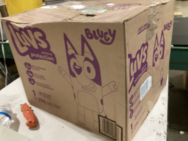 Condition photo showing New/Like New for luvs size 1 baby diapers, platinum protection bluey diapers for day & night, size 1, 294 count (packaging may vary) size 1 294