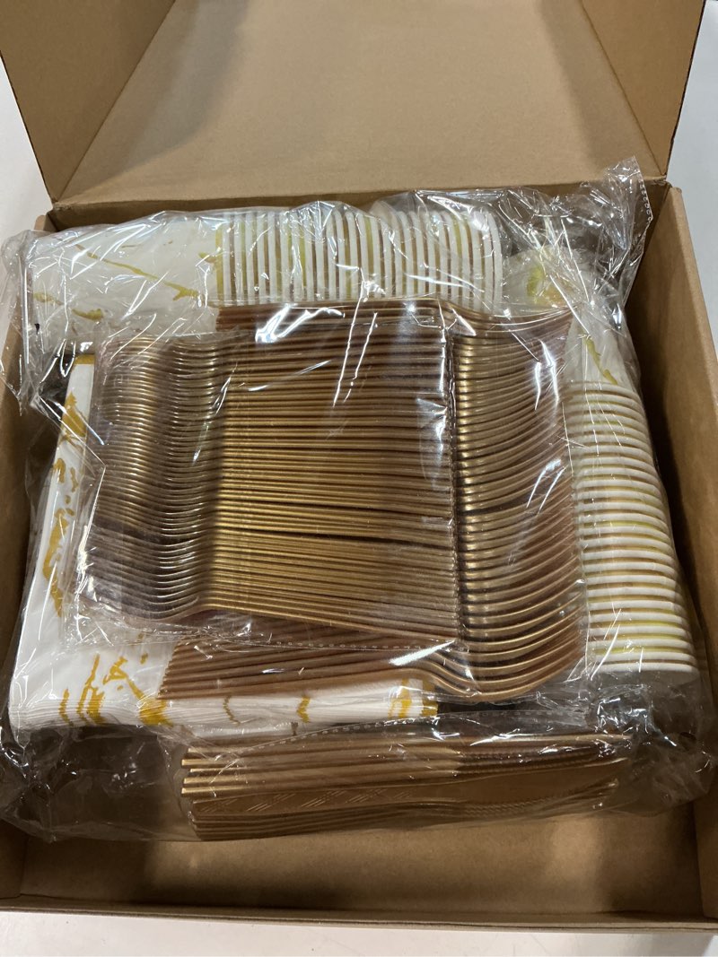 Condition photo showing New/Like New for bokon 350 pcs disposable dinnerware set include 100 white and gold plates marble design 50 paper 9 oz cups 50 sets spoons forks knives 50 napkin for 50 guests weddings thanksgiving party supplies