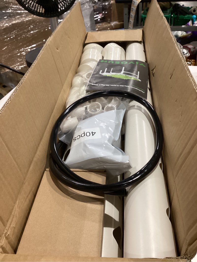 Condition photo showing As Is for VIVOSUN Hydroponic Grow Kit, 1 Layer 36 Plant Sites 4 Food-Grade PVC-U Pipes Hydroponics Planting System with Water Pump, Pump Timer, Nest Basket and Sponge for Leafy Vegetables