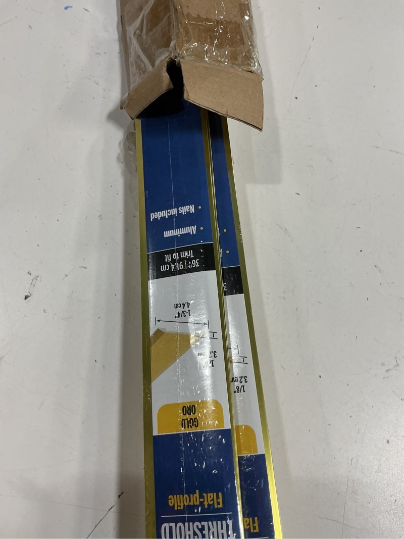 Condition photo showing New/Like New for m-d building products 09563 1-3/4 in. x 1/8 in. x 36 in. gold aluminum flat profile threshold for interior doorways 36" l x 1-3/4" w x 1/8" h gold