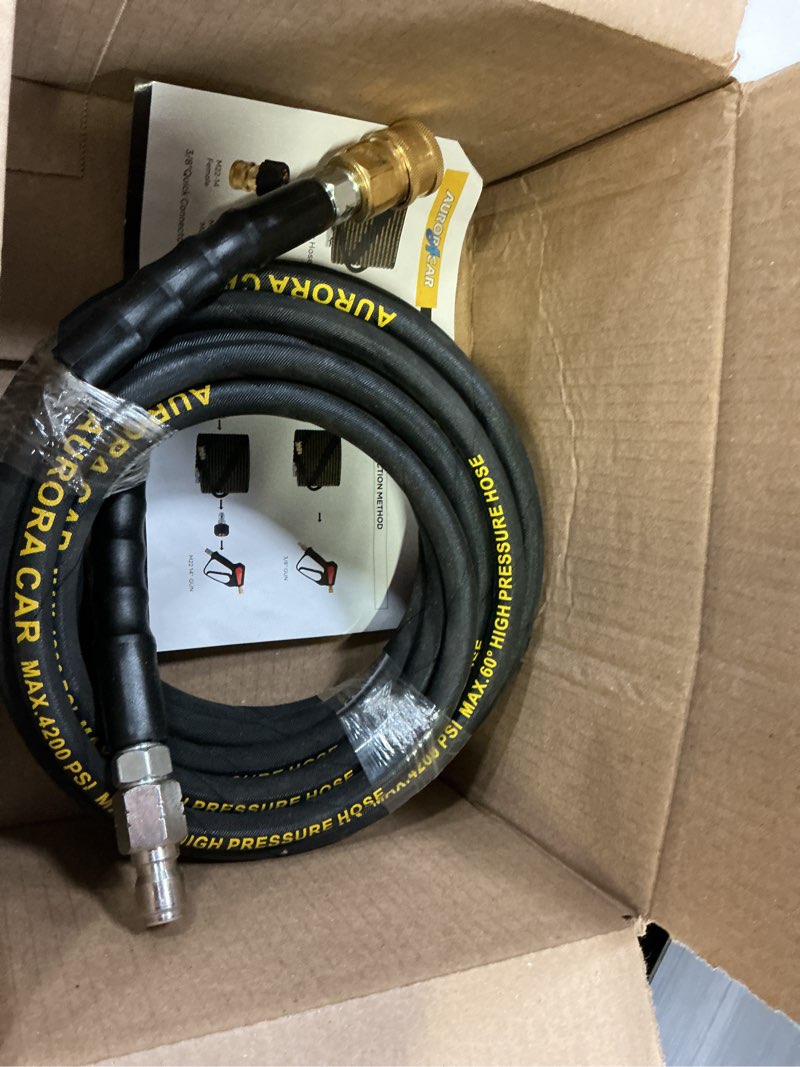 Condition photo showing Good Condition for aurora car pressure washer hose 25ft with 3/8 inch quick connect, kink resistant high tensile wire braided, with 2 pcs m22 14mm adapter set, 4200 psi power washer hose