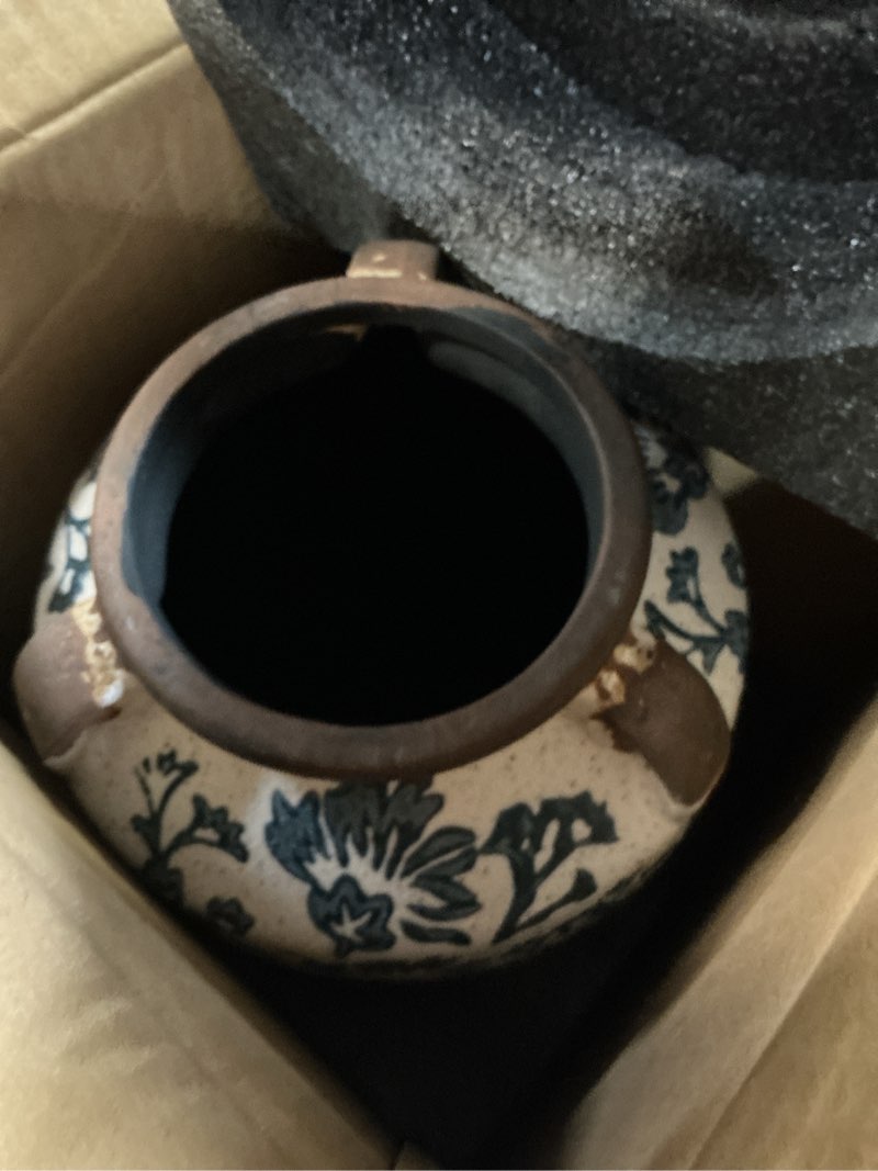 Condition photo showing item condition for Ceramic Vintage Vase, 9.3" Rustic Blue and White Chinoiserie Floral Vase for Home Decors, Handcrafted Farmhouse Large Flower Vases for Living Room, Table, Bathroom?Centerpiece Rustic Blue Jar