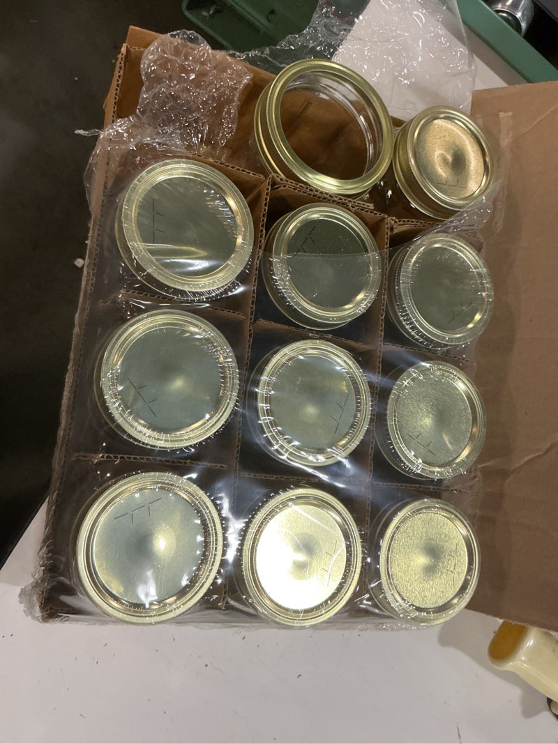 Condition photo showing As Is for mainstays 8 oz mason jars, regular mouth half pint canning jars with lids and rings, 12-pack small glass jars for home canning and preserving