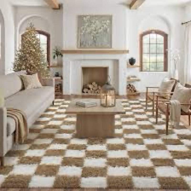 PureCozy 8x10 Checkered Area Rugs for Living Room Beige Machine Washable Large Rug Non-Slip Stain Re