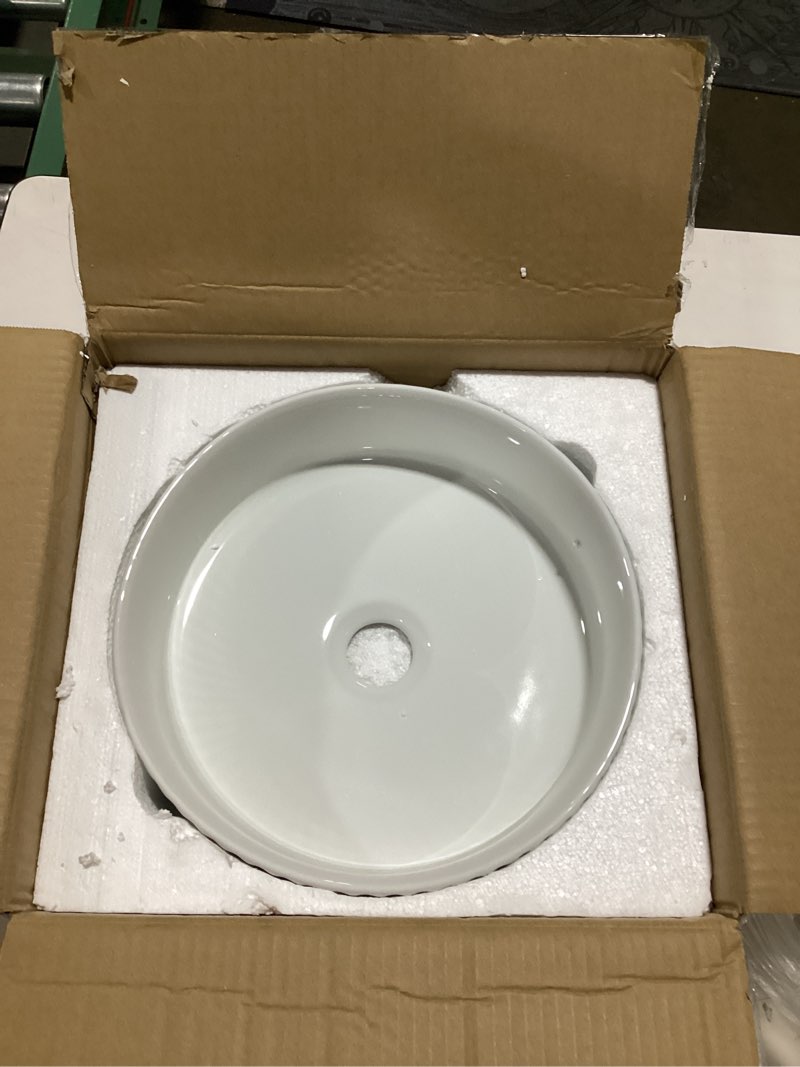 Condition photo showing As Is for round vessel sink 12 inch above counter - white ceramic countertop bathroom sink, 12" x 12" modern vanity art basin porcelain hand wash basin white 12.5" x 12.5" round