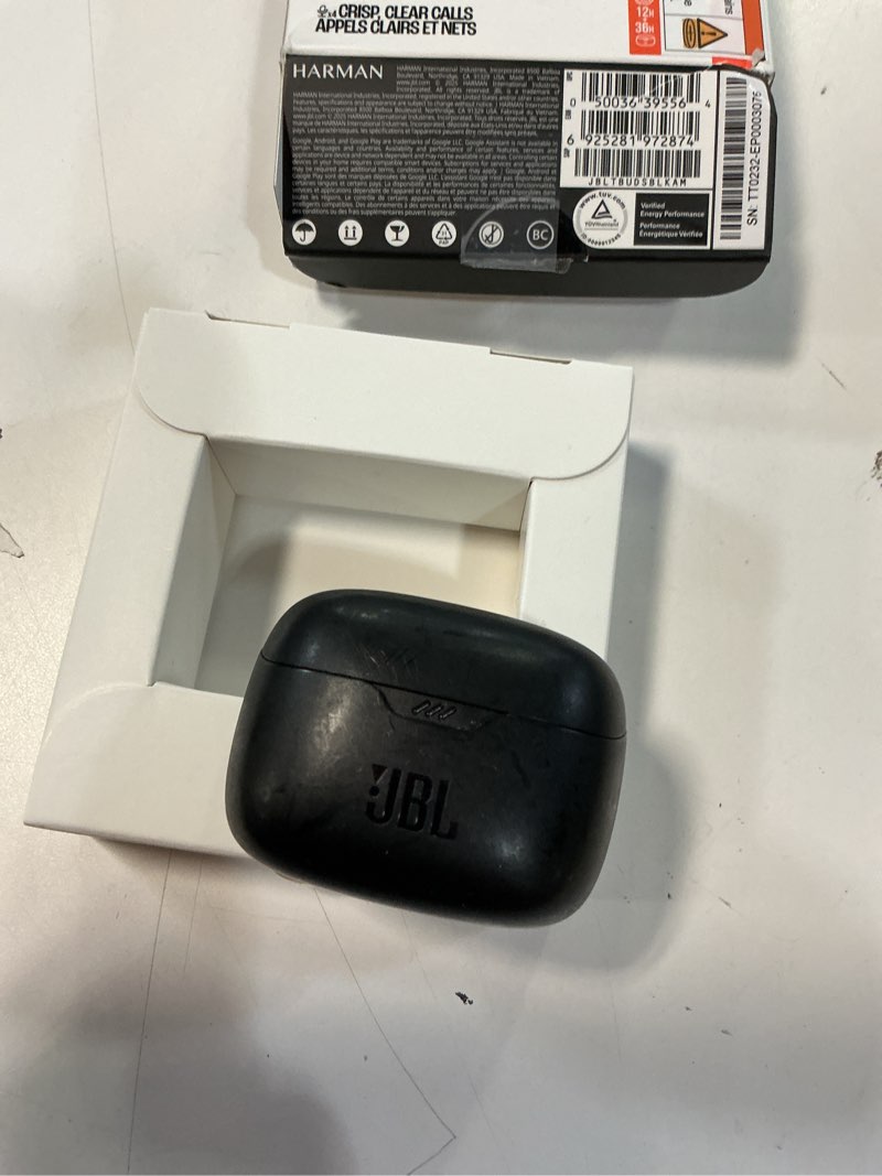 Condition photo showing As Is for jbl tune buds - true wireless noise cancelling earbuds, jbl pure bass sound, bluetooth 5.3, 4-mic technology for crisp, clear calls, up to 48 hours of battery life, water and dust resistant (black) small black
