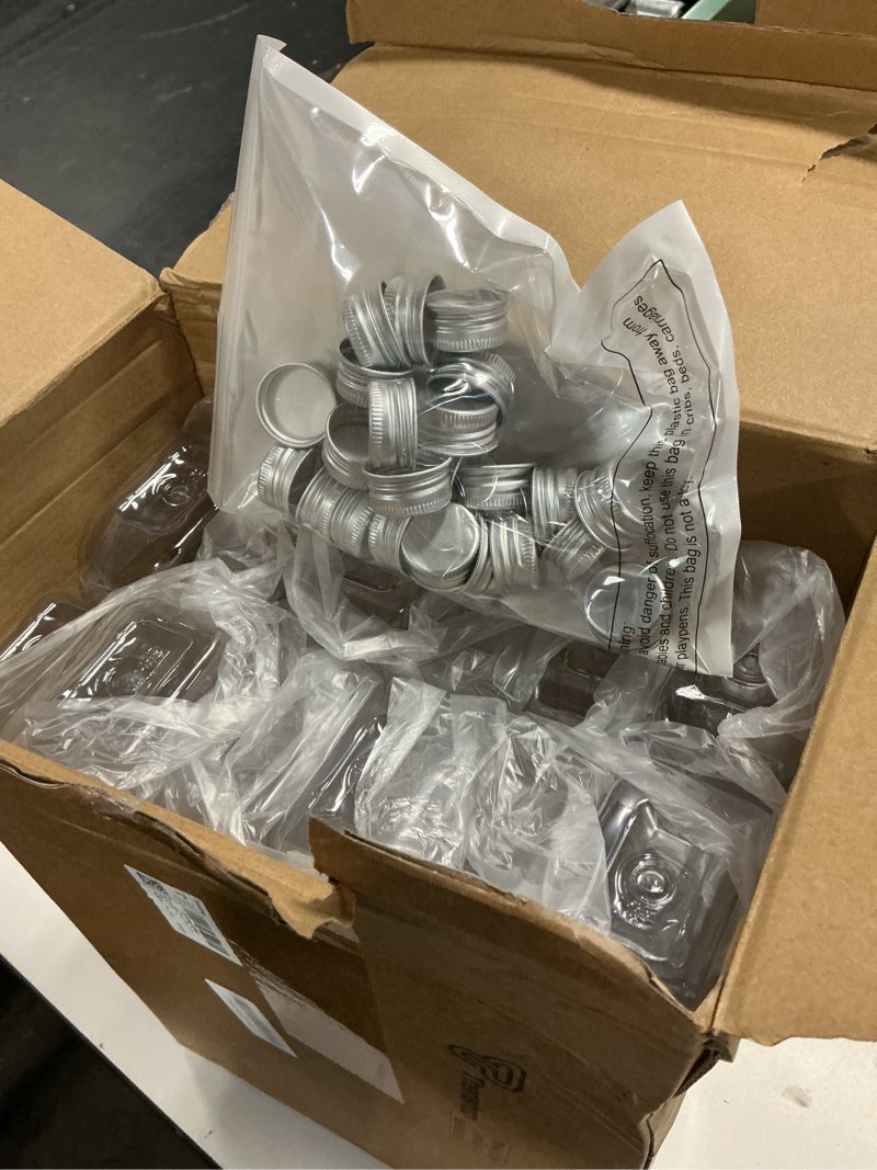 Condition photo showing New/Like New for thenshop 24 pack plastic bottles with caps, clear juice bottles flat water bottle plastic flask bottle reusable mini beverage container for drinks, milk, tea, alcohol, liquor (12 oz) 12 ounces