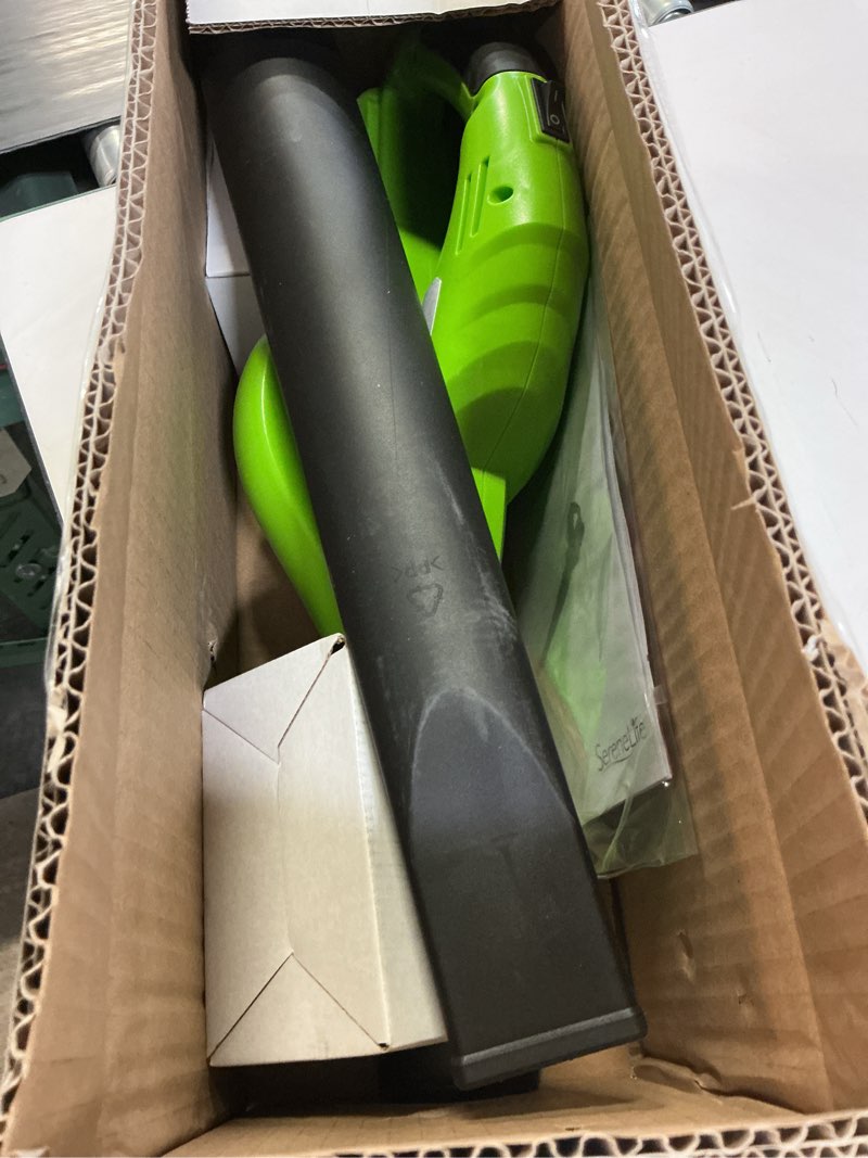 Condition photo showing New/Like New for SereneLife Lightweight Cordless Leaf Blower, 18V Electric Blower, 55 MPH Air Speed, Perfect for Decks, Gutter Cleaning, Snow & Small Yards, Rechargeable Battery & Charger Included, Charge Time 4 Hrs, 5 lbs.