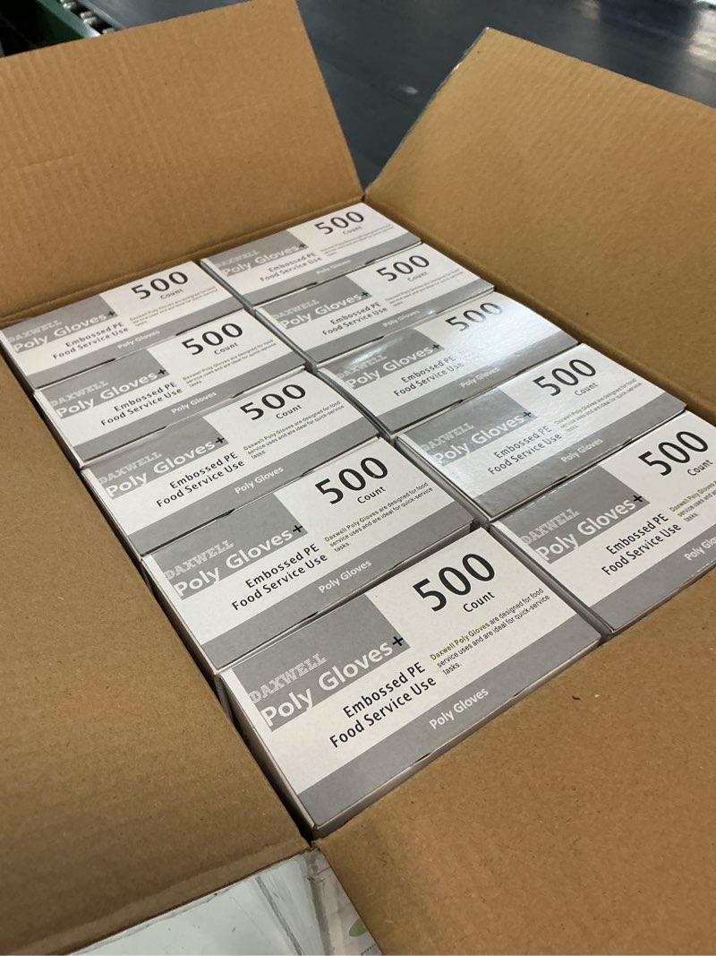 Condition photo showing New/Like New for daxwell poly gloves, embossed, large, clear, f10003430 (case of 5,000; 10 boxes of 500)