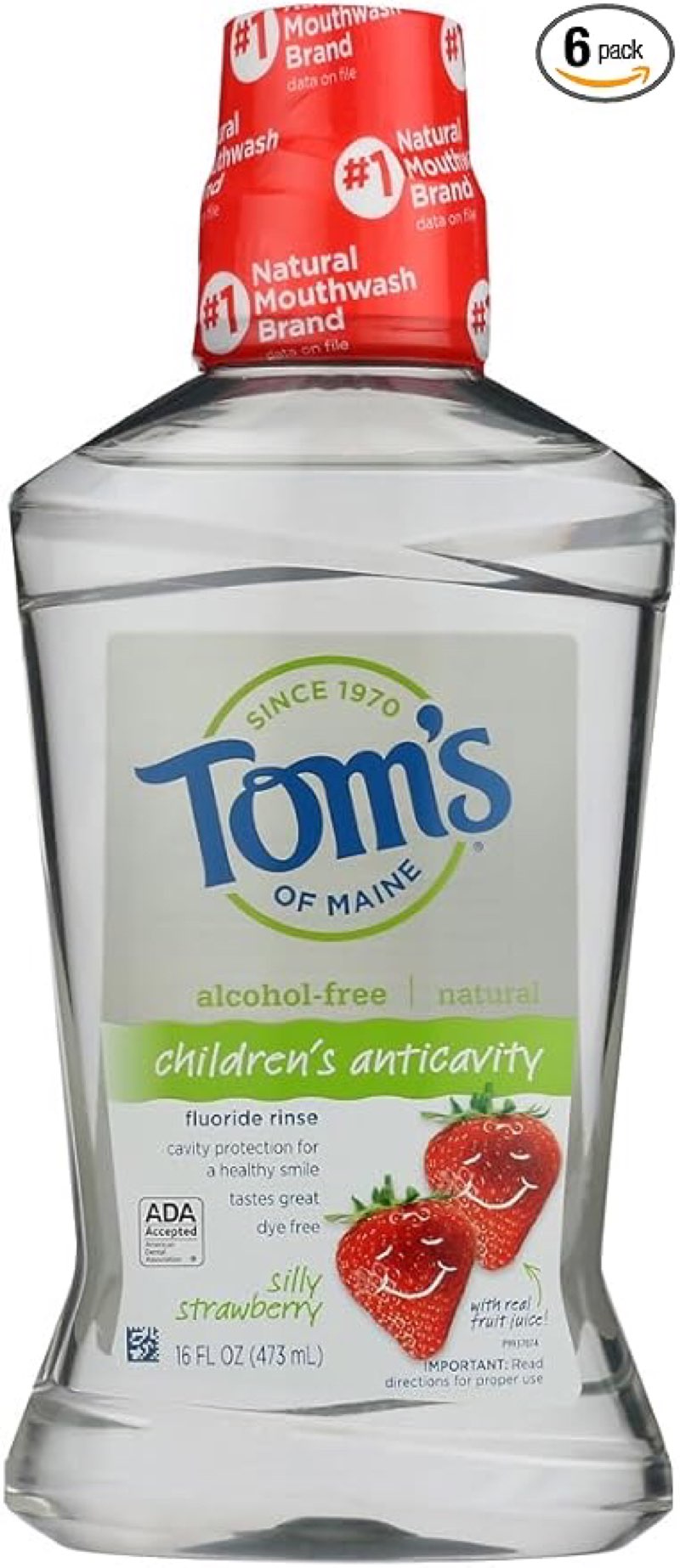 (EXP 01/2026) Tom's of Maine Children's Anticavity Fluoride Rinse Mouthwash, Silly Strawberry, 16 Fl Oz (Pack of 6) 