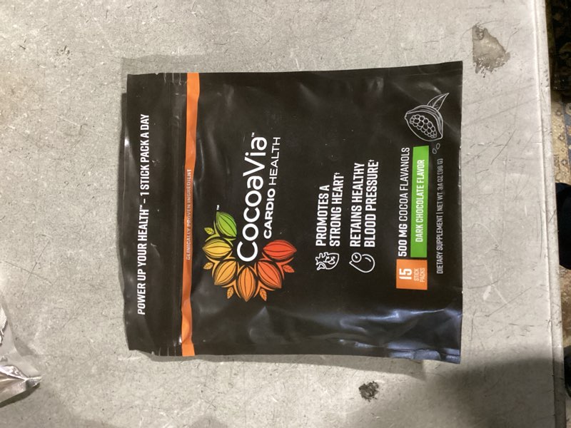 Condition photo showing Good Condition for cocoavia cocoa flavanols 500mg, high flavanol cocoa extract, supports heart, brain health, boosts nitric oxide, circulation, preworkout, travel-friendly, vegan, dark chocolate, 15 single serve sticks 4.48 ounce (pack of 1)