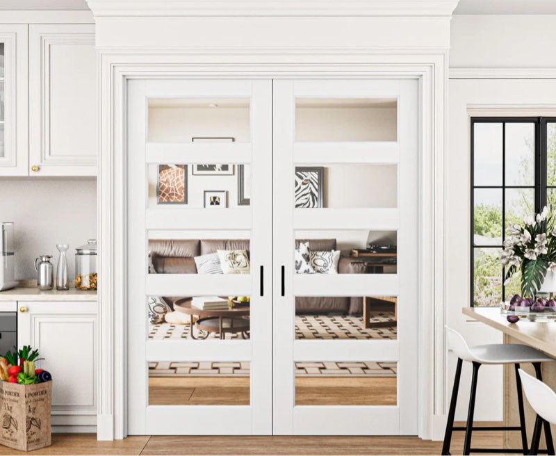 (Incomplete)5-Lite Clear Glass French Doors Interior White Primed Solid Core Pantry Door With Ball Catch / Handles