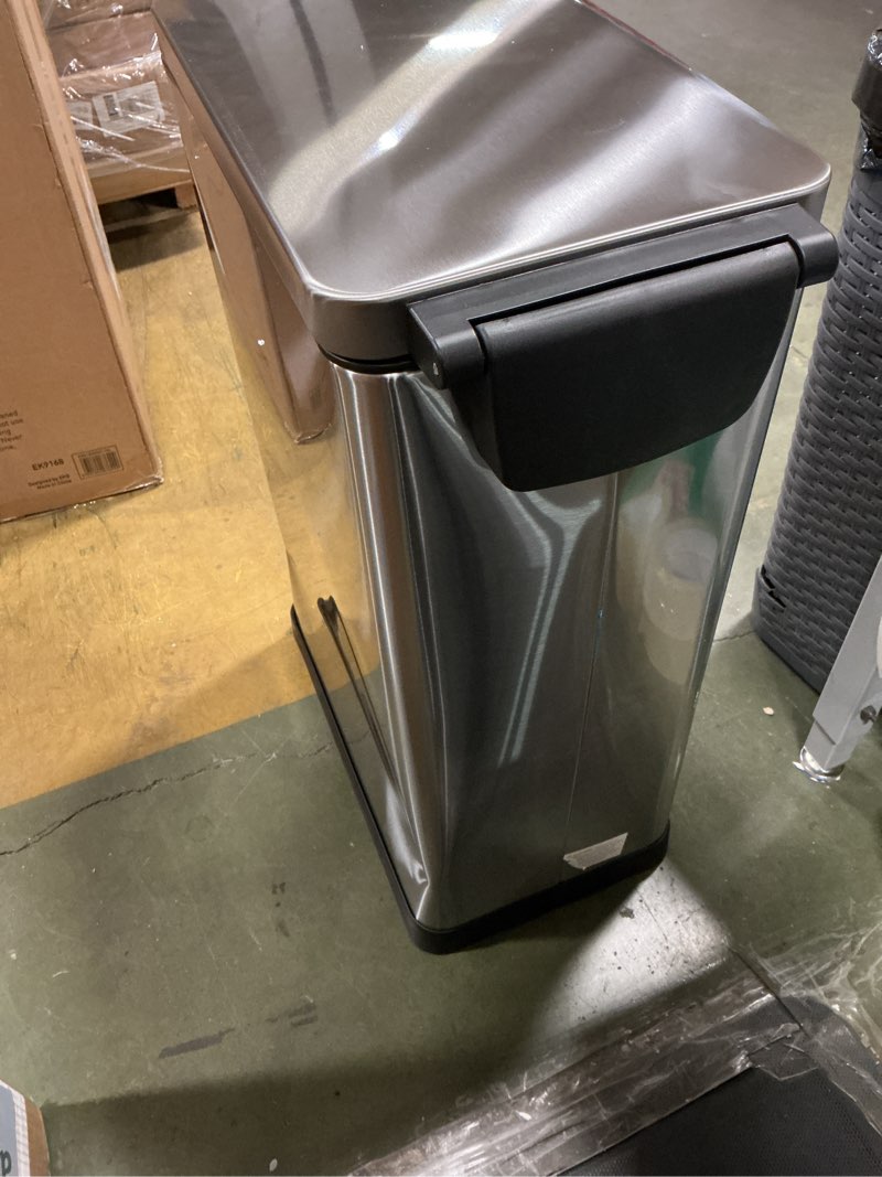 Condition photo showing As Is for Home Zone Living 12 Gallon Slim Kitchen Trash Can with Soft Close Lid, Step Pedal, Bag Tuck Band