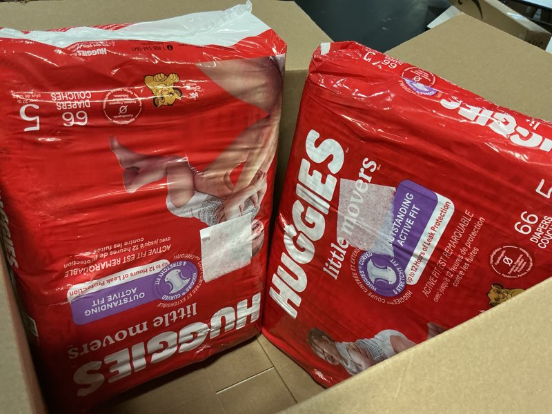 Condition photo showing New/Like New for Huggies Size 5 Diapers, Little Movers Baby Diapers, Size 5 (27+ lbs), 132 Count (2 Packs of 66), Packaging May Vary Size 5 132