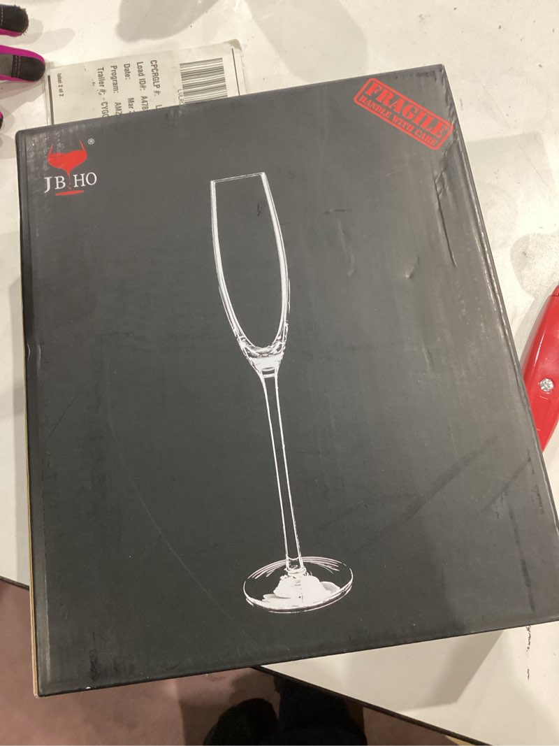 Condition photo showing Good Condition for JBHO Champagne Glasses-Elegant Flutes-Gift-Box-Hand Blown Champagne Flutes Glass-100% Lead-Free Premium Crystal - Gift Idea for Wedding, Anniversary, Christmas,New Year-Set of 4-8oz, Clear Champagne Glasses 4 Count (Pack of 1)