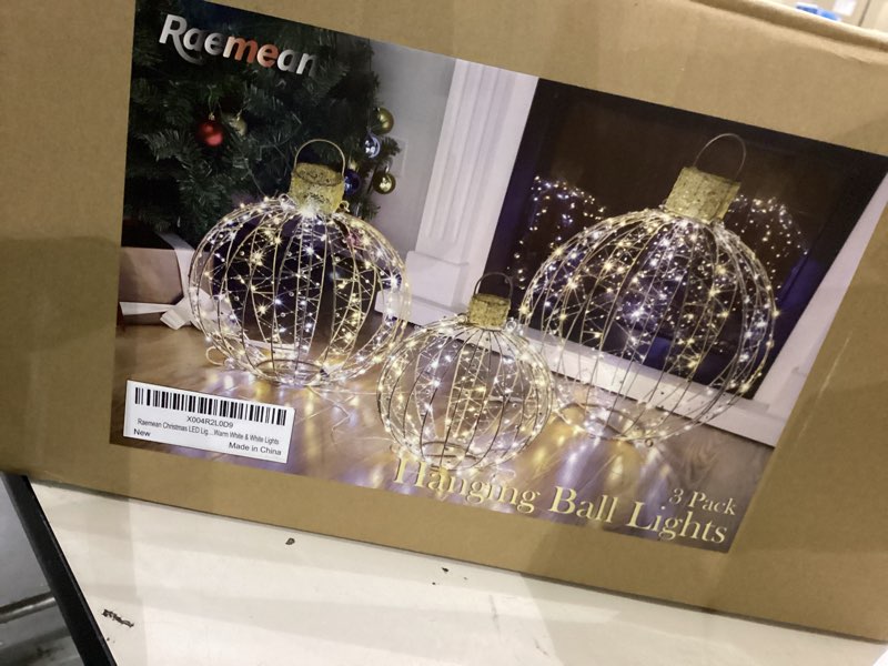 Condition photo showing New/Like New for Christmas LED Light Balls, 3 Pack Hanging Ball Lights, Lighted Sphere Outdoor Decorations, Warm White & White Lights