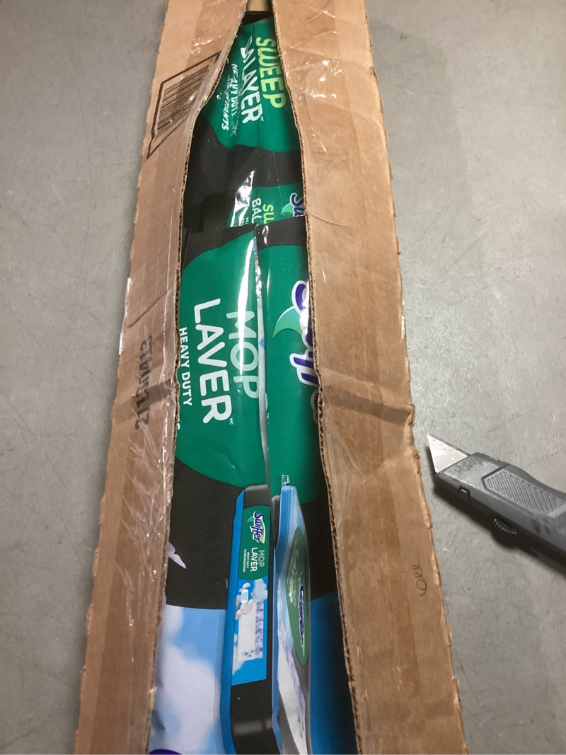 Condition photo showing As Is for swiffer sweeper 2-in-1 mops for floor cleaning, dry and wet multi surface floor cleaner, sweeping and mopping starter kit, includes 1 mop + 19 refills, 20 piece set 20 piece set mop