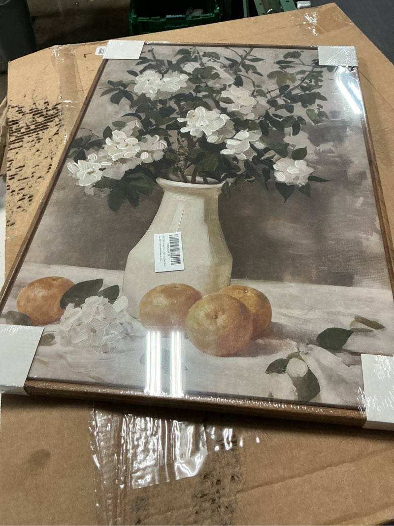 Condition photo showing New/Like New for wengtiao vintage framed wall art flowers and orange painting picture rustic farmhouse canvas art print white floral artwork for kitchen living room bedroom 16x24 inch home decor white flower and orange 16"l x 24"w