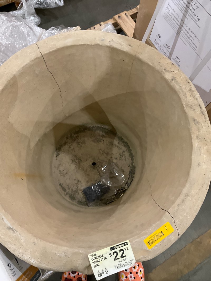 Condition photo showing As Is for round 27.0-in w x 27.0-in l brown concrete outdoor planter