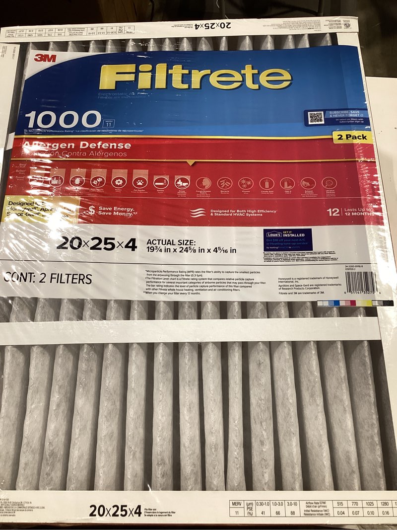 Condition photo showing As Is for filtrete 20-in w x 25-in l x 4-in merv 11 1000 mpr allergen defense electrostatic pleated air filter 2 -pack