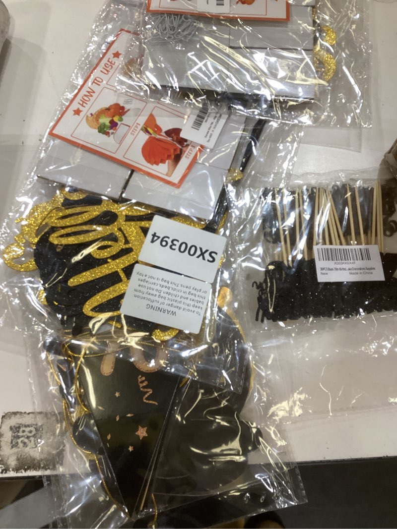 Condition photo showing New/Like New for 70th Birthday Decoration Kit, Happy 70th Birthday Banner Bunting Swirls Streamers, Triangle Flag Banner for Birthday Party Decorations Supplies Black and Gold 70th