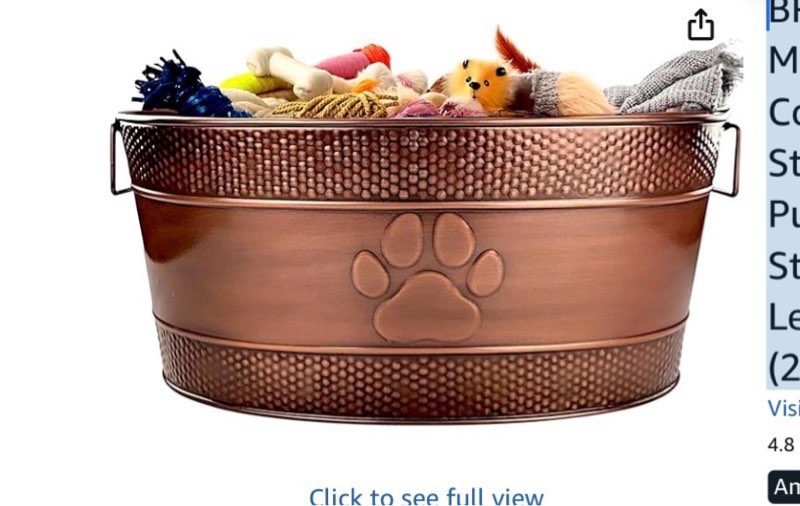 BREKX Indestructible Metal Dog Toy Bin - Copper Galvanized Storage Bin with Handles, Puppy Basket for Dog Storage, Blankets, & Leashes, Paw Pet Toy Box (25-Quart)