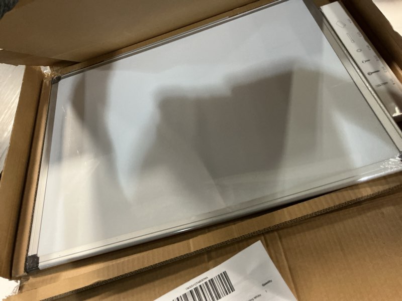 Condition photo showing As Is for vusign magnetic white board kit for wall 24" x 18", 1 dry eraser & 2 multicolor markers & 4 magnetic pins, sliver reinforced aluminum frame for home, school, office 24"w x 17.8"h