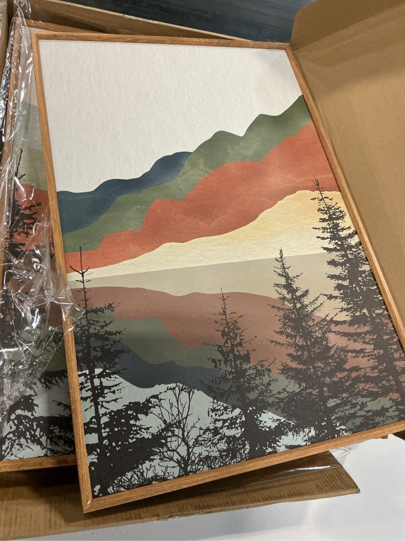 Condition photo showing Good Condition for tinonedraw boho mountain framed canvas wall art set, watercolor nature landscape wall decor, black pine forest artwork, modern sunrise art prints for living room, bedroom, office 16"x24"x3 watercolor mountain 24"l x 16"w