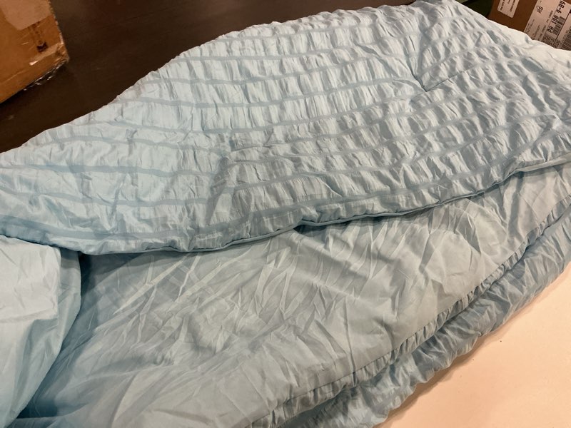 Condition photo showing As Is for (Incomplete)CozyLux Queen Comforter Set Sky Blue Seersucker 7 Pieces Bed in a Bag Queen Comforter Set with Sheet