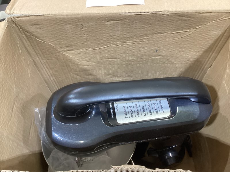 Condition photo showing As Is for Hamilton Beach Electric Stand Mixer, 4 Quarts, Dough Hook, Flat Beater Attachments, Splash Guard 7 Speeds with Whisk, Easy-Carry Top Handle, Black Black 4 Quarts