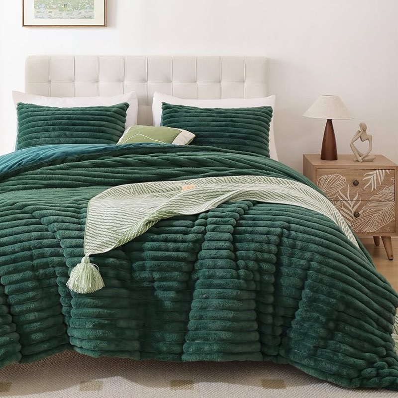 smoofy fluffy queen comforter set 3 pieces - dark green fleece fluffy comforter queen set, luxury fu