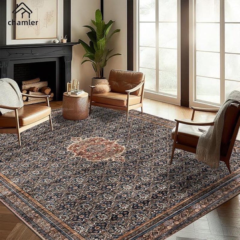 Washable Area Rug 10'x14' Boho Chic Medallion Distressed Design Non-Shedding Easy Care Ideal for High Traffic Areas in Rug for Living Room Bedroom Office Coffee Table Large Carpet